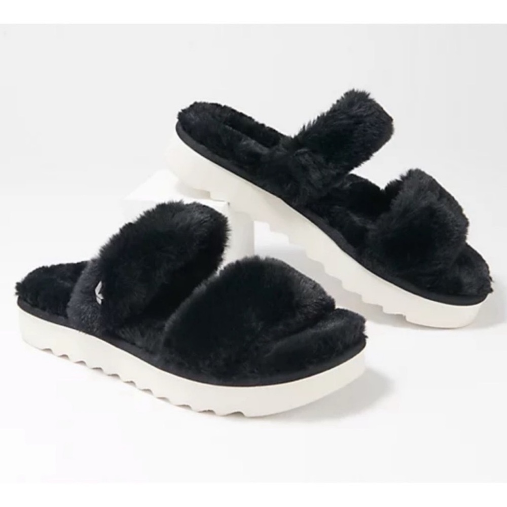 NWOT Koolaburra by UGG Fuzz-On Black Faux-Fur Slide Sandals